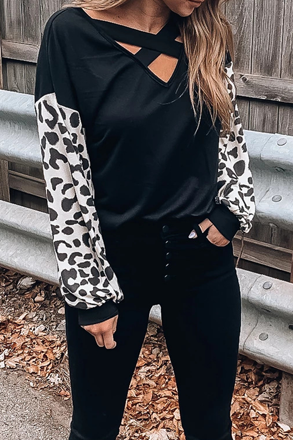 Heidi-Mode | Lässige Leopard Ausgehöhlte Spalt Gemeinsame V-Ausschnitt Tops