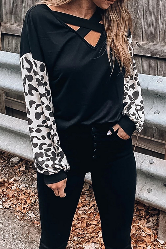 Heidi-Mode | Lässige Leopard Ausgehöhlte Spalt Gemeinsame V-Ausschnitt Tops
