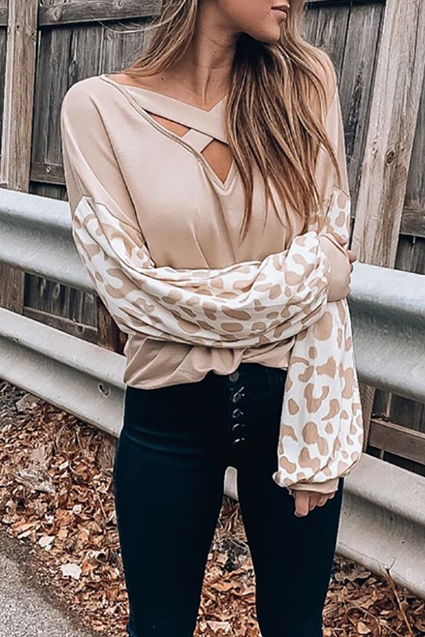 Heidi-Mode | Lässige Leopard Ausgehöhlte Spalt Gemeinsame V-Ausschnitt Tops