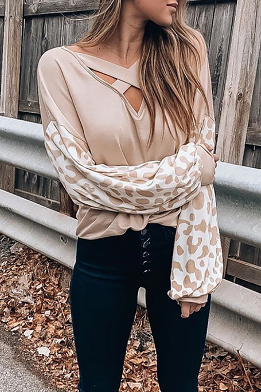 Heidi-Mode | Lässige Leopard Ausgehöhlte Spalt Gemeinsame V-Ausschnitt Tops