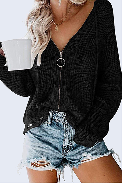 Heidi-Mode | Lässig Street Solid Risse Schnur Tasche Reißverschluss Kapuzenkragen Tops Pullover