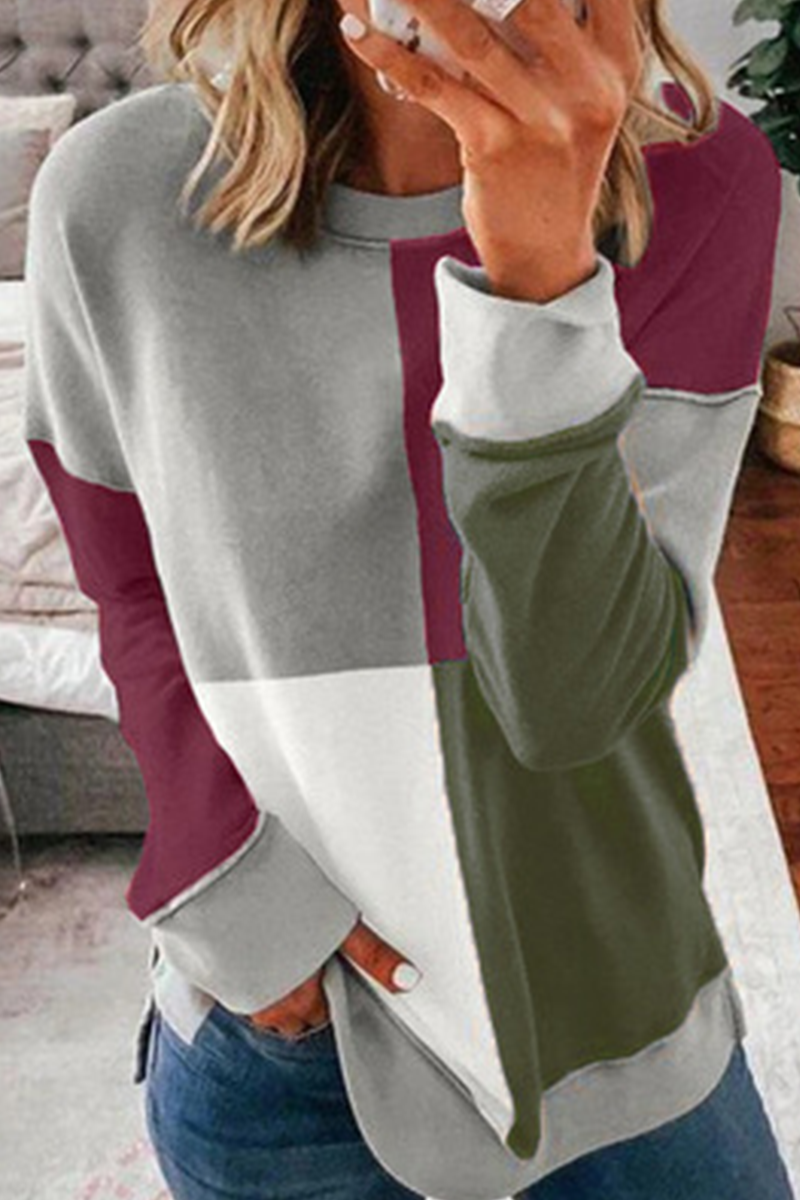 Heidi-Mode | Lässige Farbe Lumpen Patchwork Kontrast O-Ausschnitt Tops - 5 Farben