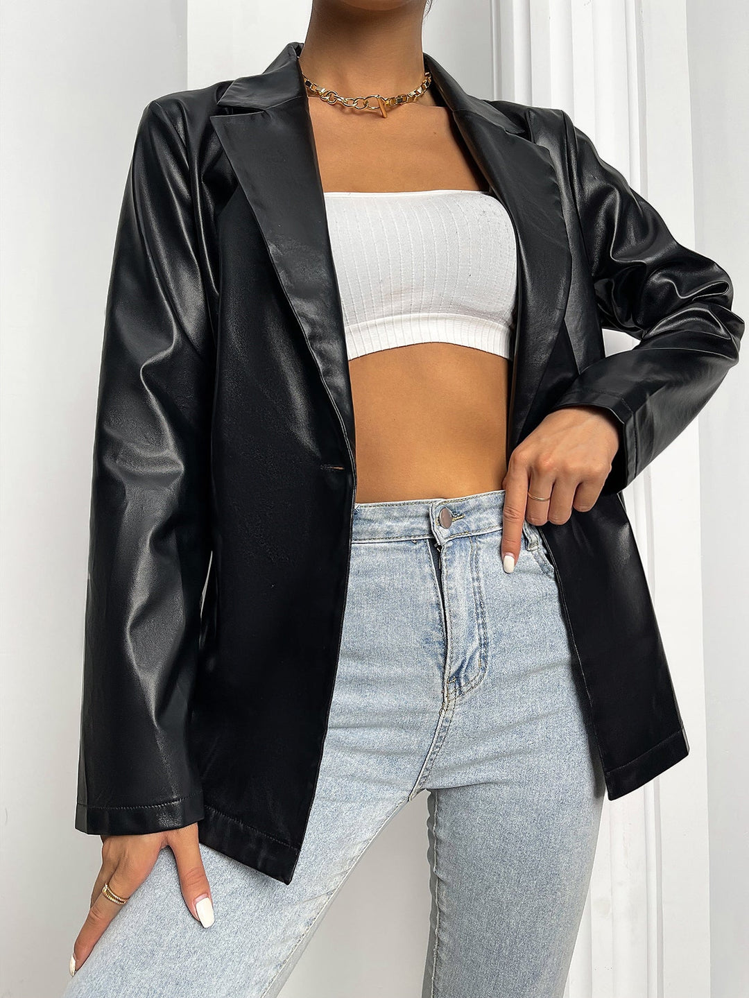 Heidi-Mode | Reverskragen Einzelknopf Pu Leder Blazer