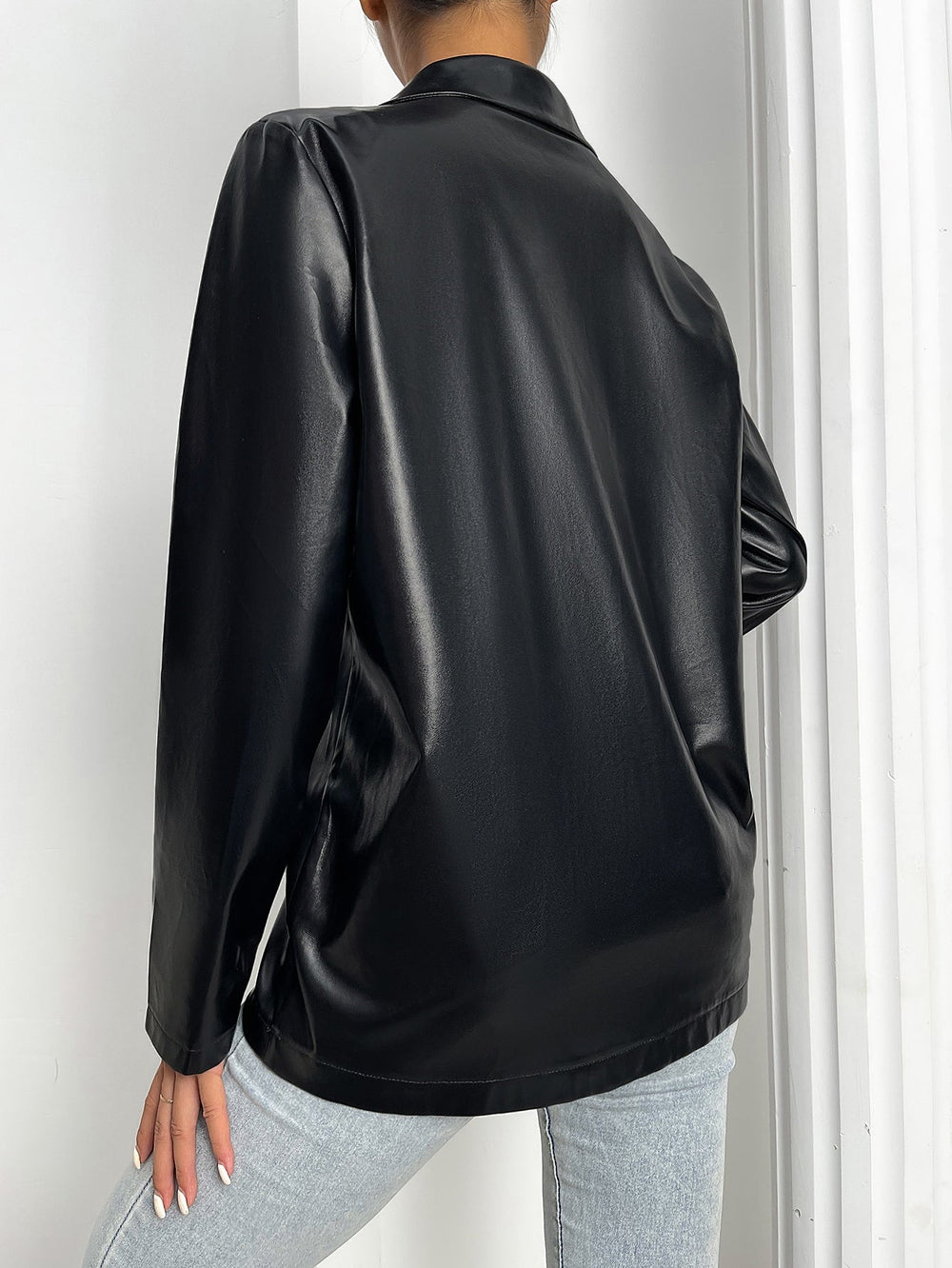 Heidi-Mode | Reverskragen Einzelknopf Pu Leder Blazer