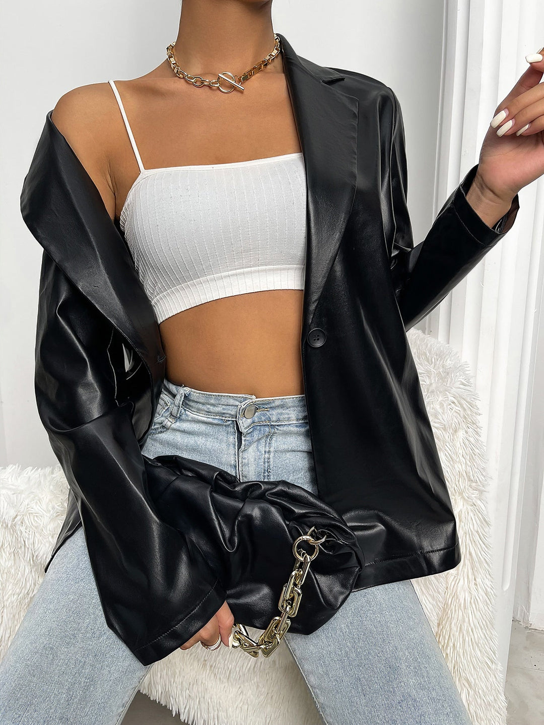 Heidi-Mode | Reverskragen Einzelknopf Pu Leder Blazer