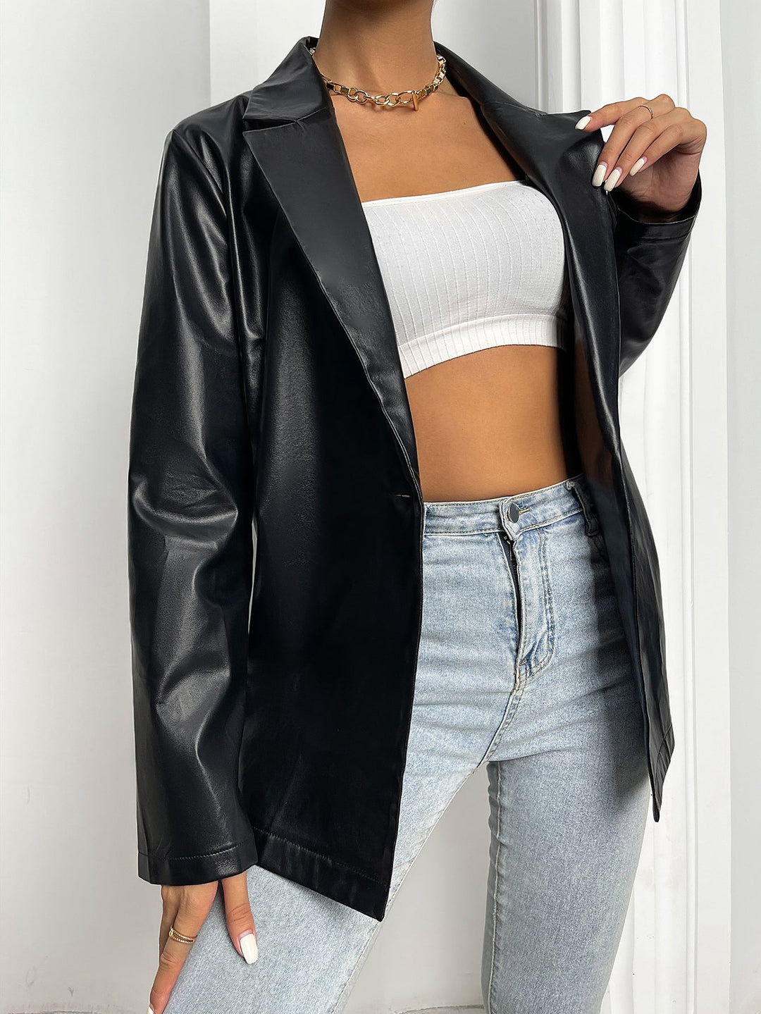 Heidi-Mode | Reverskragen Einzelknopf Pu Leder Blazer