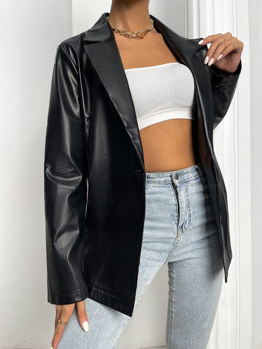 Heidi-Mode | Reverskragen Einzelknopf Pu Leder Blazer