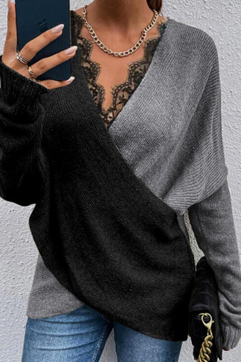 Heidi-Mode | Lässiger Patchwork Spitzen Kontrast V-Ausschnitt Pullover - 3 Farben