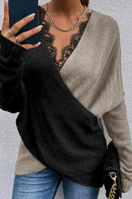 Heidi-Mode | Lässiger Patchwork Spitzen Kontrast V-Ausschnitt Pullover - 3 Farben
