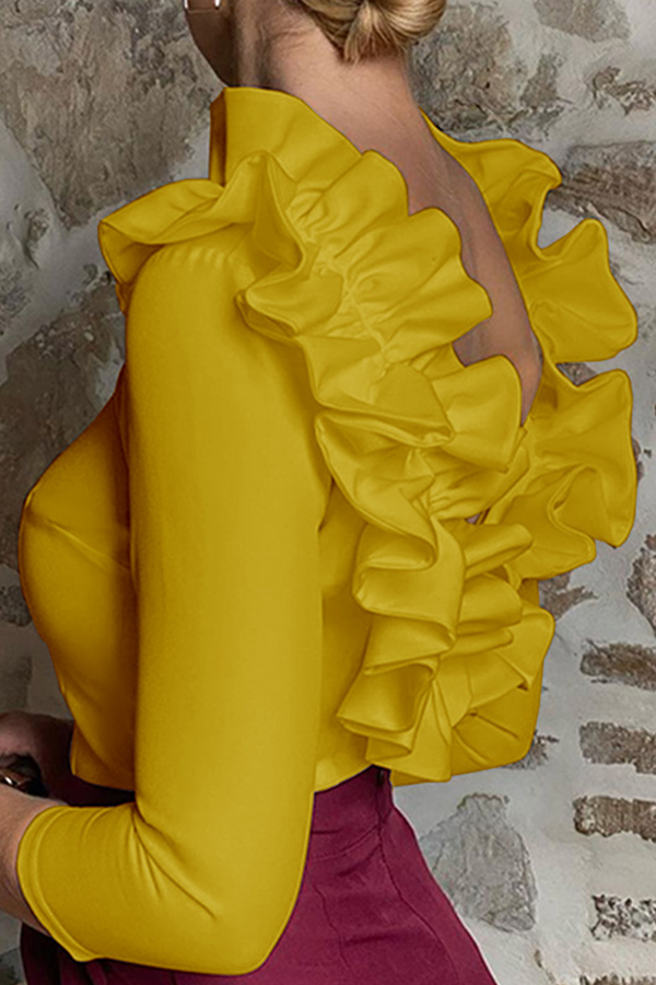 Heidi-Mode | Klassische Elegante Unifarbene Rückenfreie Rüschen Lotusblätter Kragen Oberteile - 3 Farben