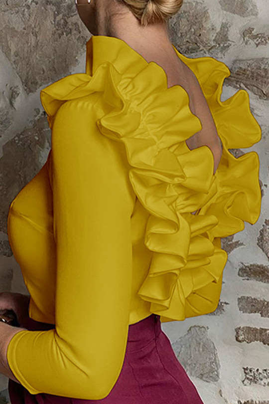 Heidi-Mode | Klassische Elegante Unifarbene Rückenfreie Rüschen Lotusblätter Kragen Oberteile - 3 Farben