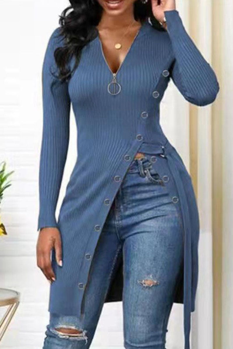 Heidi-Mode | Mode Freizeit Einfarbig Patchwork V-Ausschnitt Tops