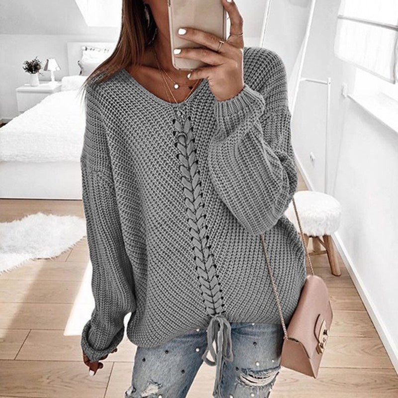 Damen lässiger Strickpullover mit modischem Schnürdetail Heidi-Mode