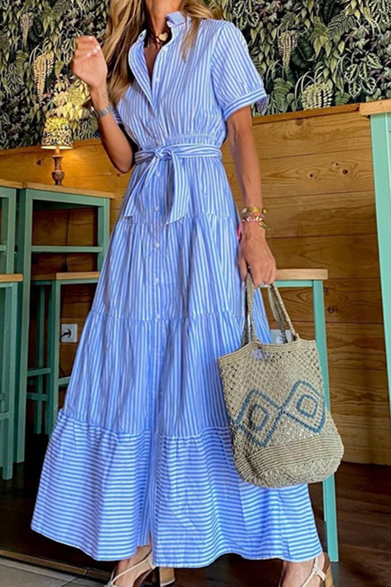 Heidi-Mode | Lässiges Gestreiftes Patchwork-Kleid mit Umgeschlagenem Kragen und Tüllrock