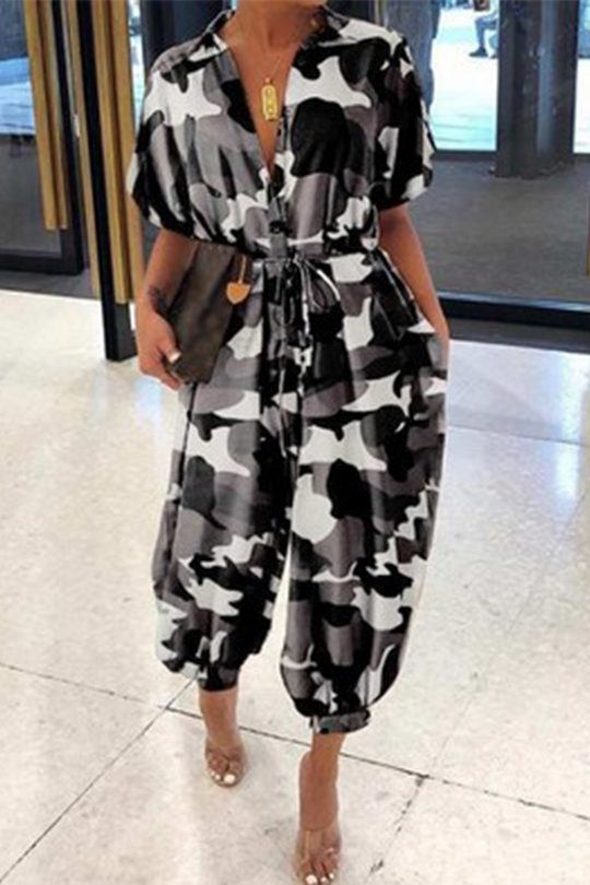 Heidi-Mode | Lässiger Print Patchwork V-Ausschnitt Harlan Jumpsuits