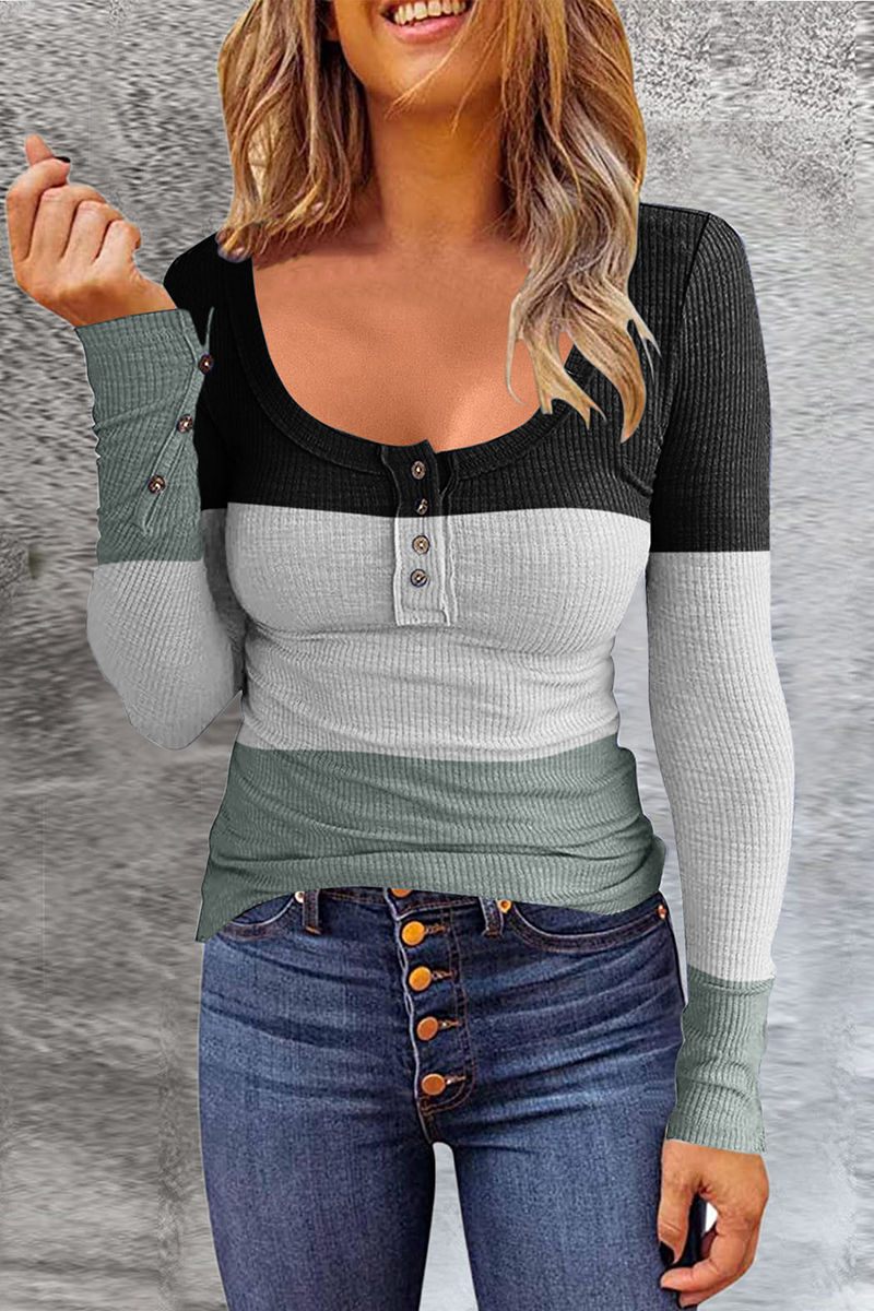 Heidi-Mode | Lässige Allmähliche Veränderung Patchwork U-Ausschnitt Tops