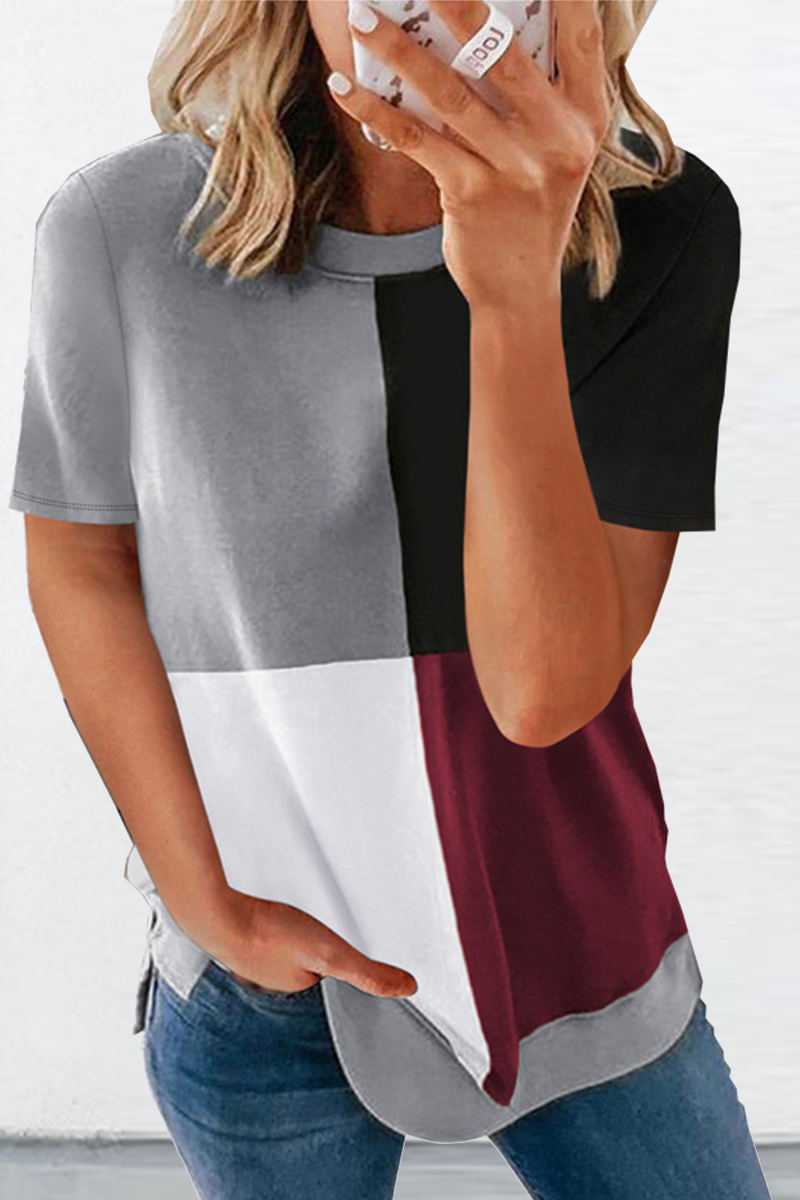 Heidi-Mode | Lässige Einfarbige Patchwork O-Ausschnitt T-Shirts