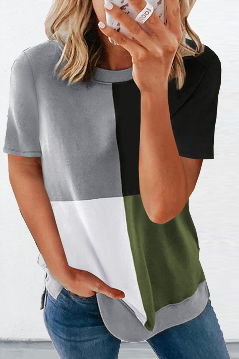Heidi-Mode | Lässige Einfarbige Patchwork O-Ausschnitt T-Shirts