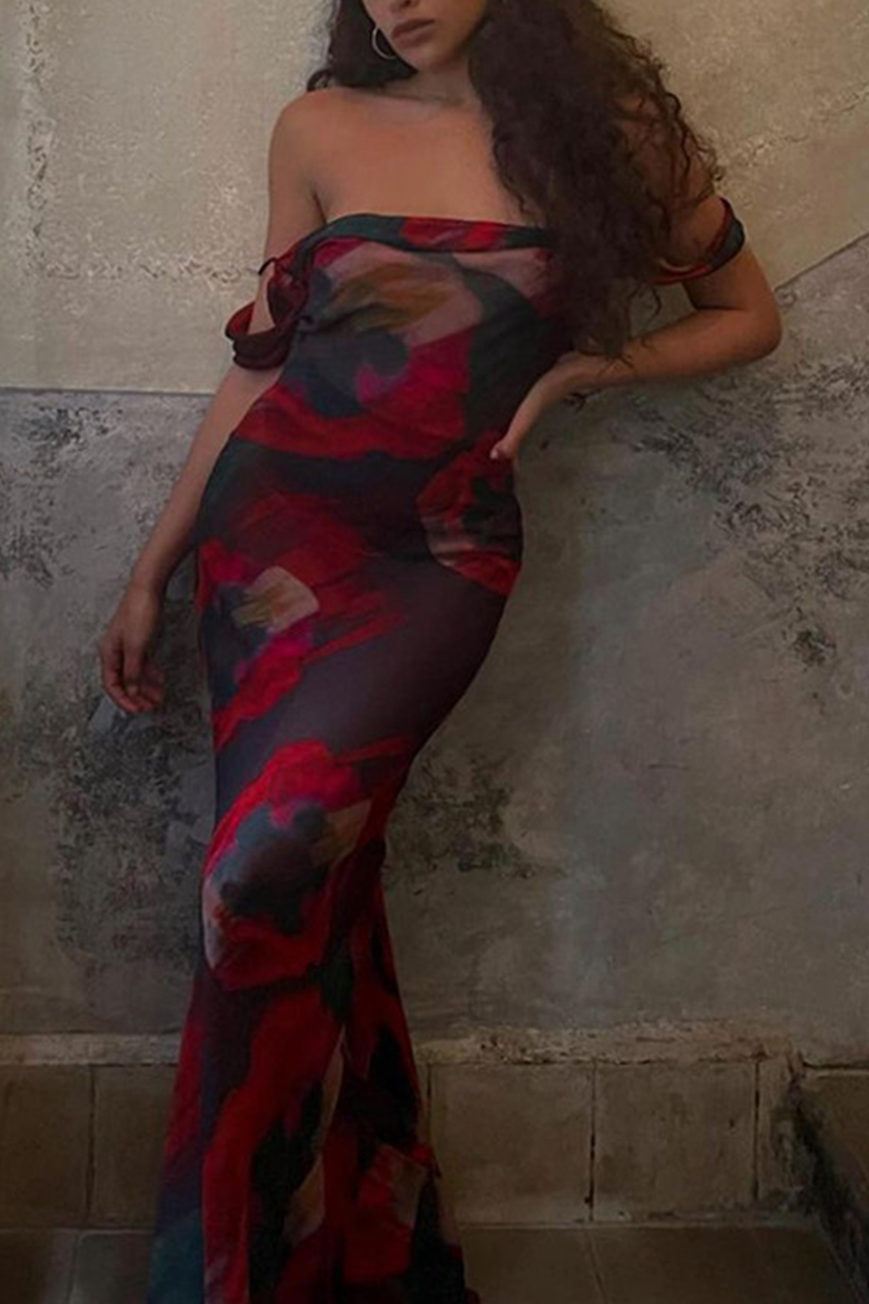 Heidi-Mode | Mode Print Patchwork Spaghetti-Träger Trompete Meerjungfrau Kleider