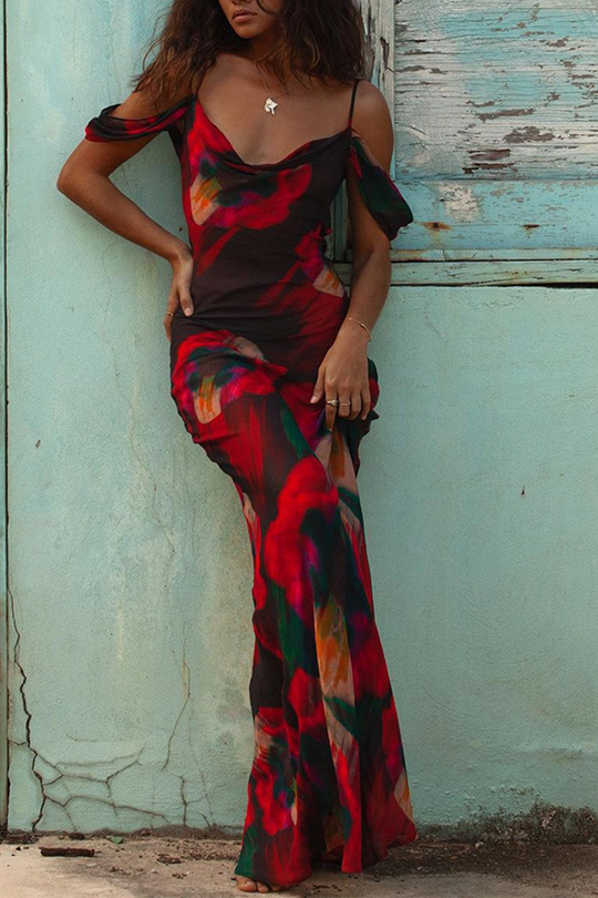 Heidi-Mode | Mode Print Patchwork Spaghetti-Träger Trompete Meerjungfrau Kleider