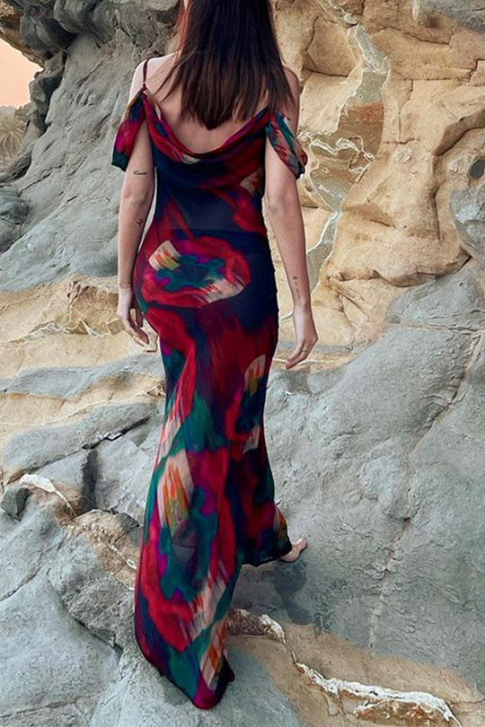 Heidi-Mode | Mode Print Patchwork Spaghetti-Träger Trompete Meerjungfrau Kleider