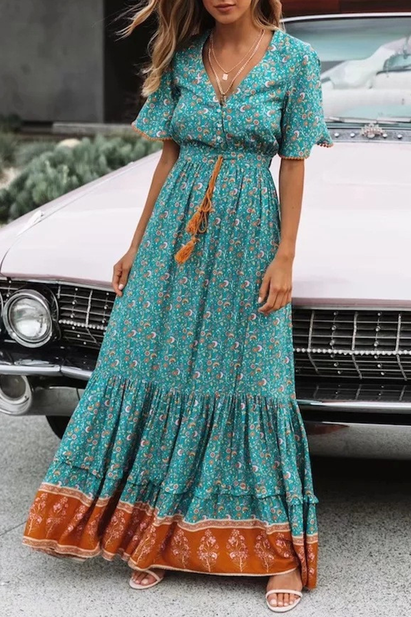 Heidi-Mode | Trompete Meerjungfrau Kleid mit V-Ausschnitt und Print Split Joint
