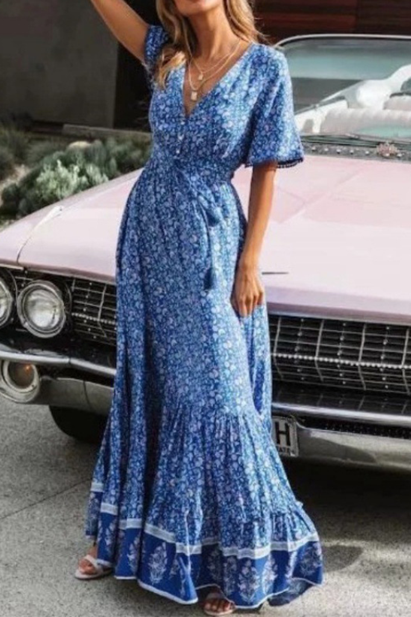 Heidi-Mode | Trompete Meerjungfrau Kleid mit V-Ausschnitt und Print Split Joint