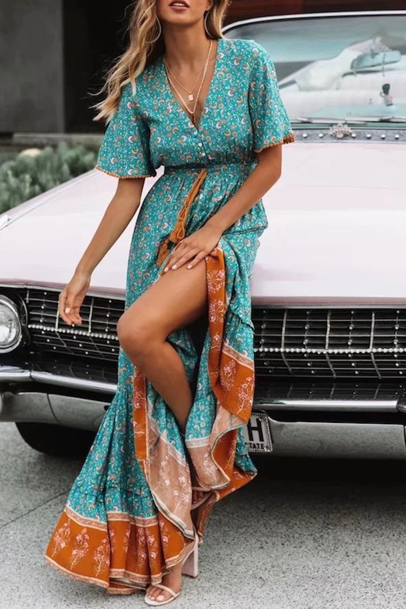 Heidi-Mode | Trompete Meerjungfrau Kleid mit V-Ausschnitt und Print Split Joint