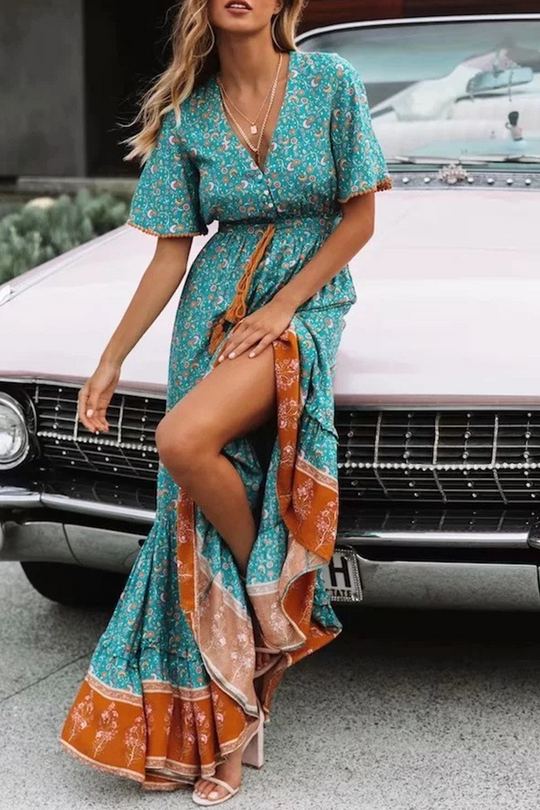 Heidi-Mode | Trompete Meerjungfrau Kleid mit V-Ausschnitt und Print Split Joint
