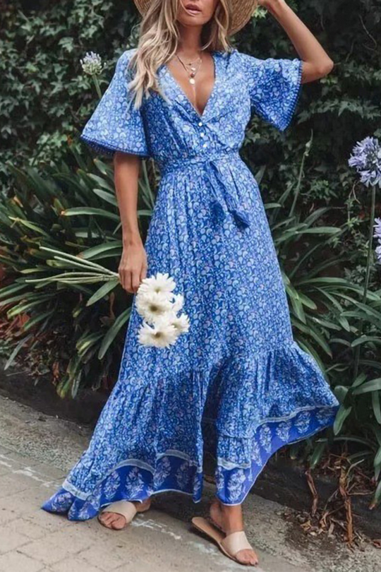 Heidi-Mode | Trompete Meerjungfrau Kleid mit V-Ausschnitt und Print Split Joint