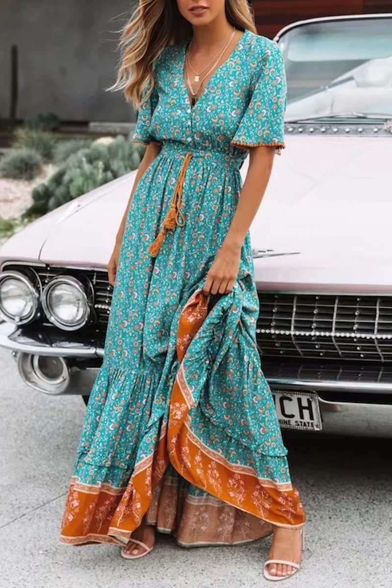 Heidi-Mode | Trompete Meerjungfrau Kleid mit V-Ausschnitt und Print Split Joint