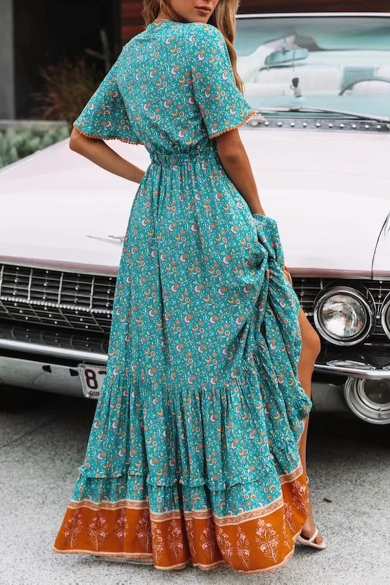 Heidi-Mode | Trompete Meerjungfrau Kleid mit V-Ausschnitt und Print Split Joint
