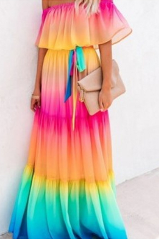 Heidi-Mode | Mode Gradual Change Rüsche Off the Shoulder Kuchen Röcke Kleider