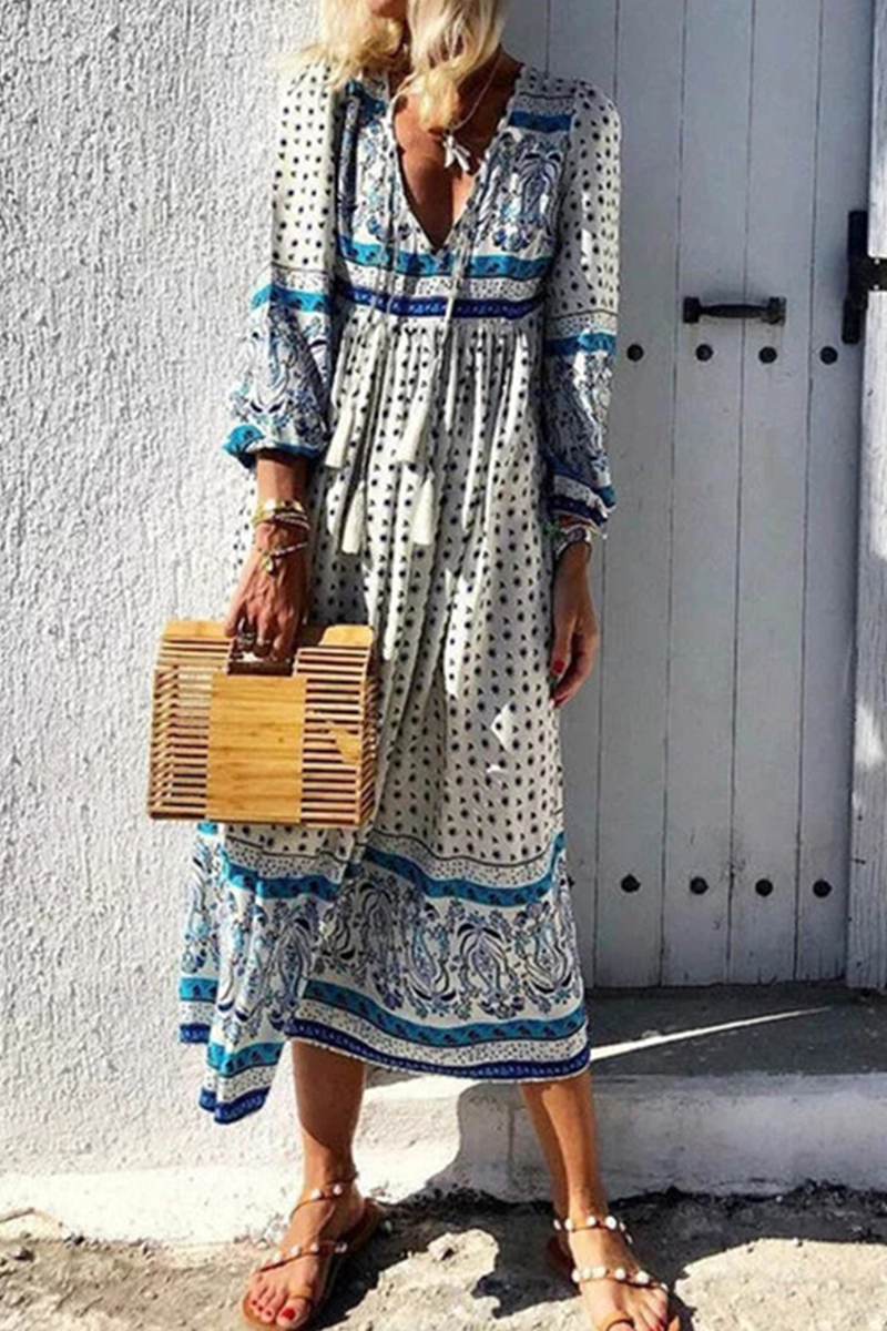 lange Ärmel tiefer V-Ausschnitt Boho Midi Kleid