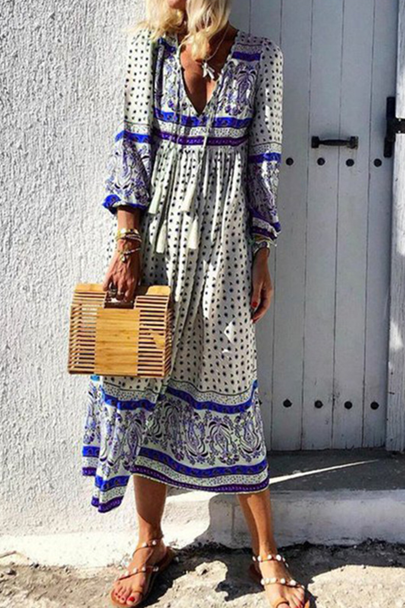 lange Ärmel tiefer V-Ausschnitt Boho Midi Kleid