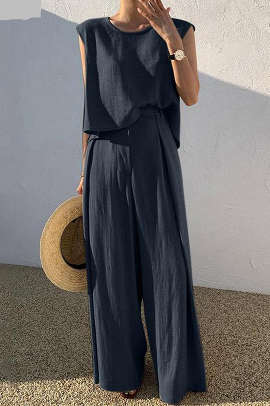 lässiges minimalistisches Outfit mit Top mit elastischem Bund und weitem Hosenbeinen trousers