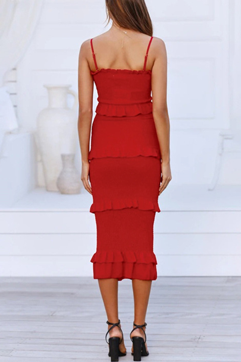 Heidi-Mode | Fashion Solid Patchwork Rüschenträger Gerade Kleider