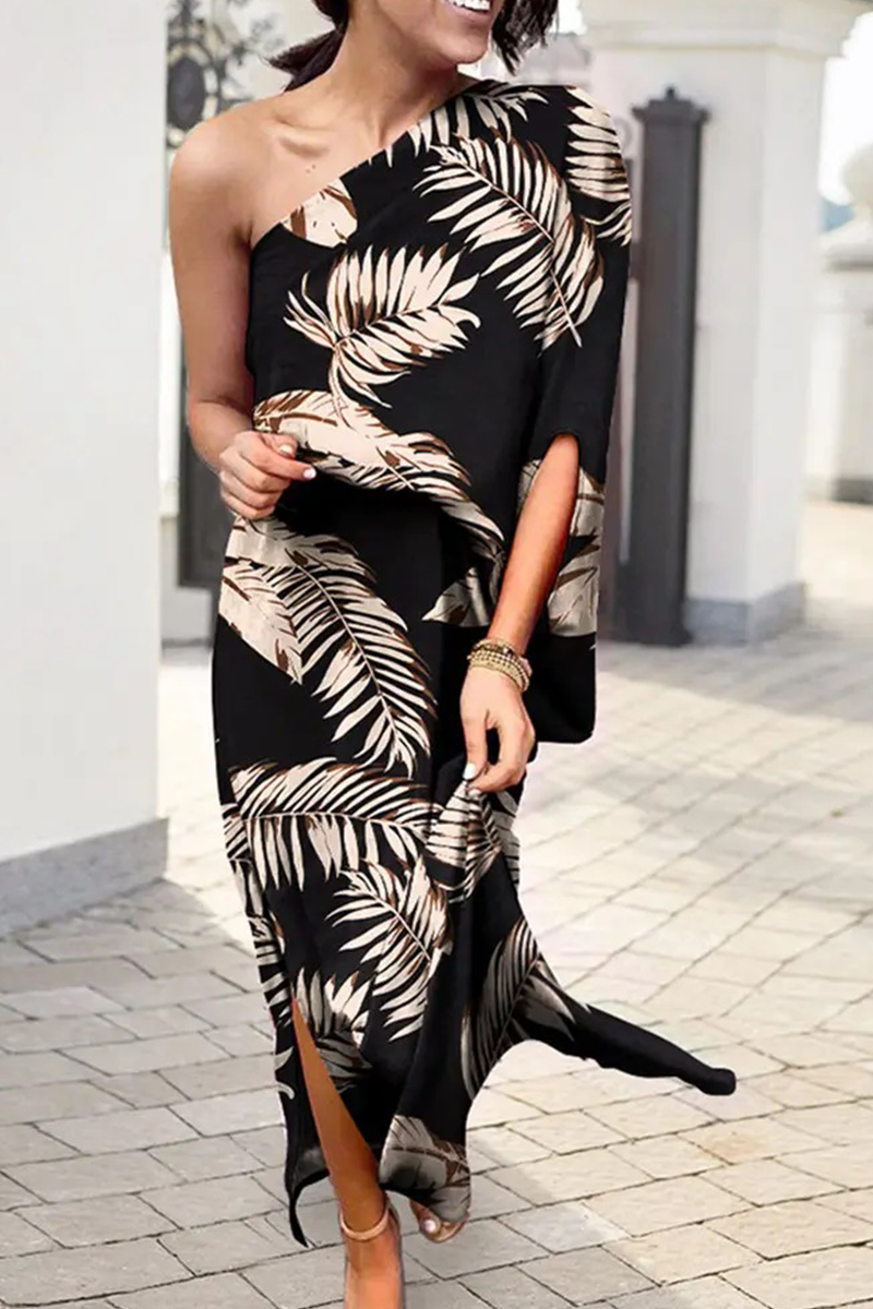 Mode Print Ein Schulter Taille Rock Kleid