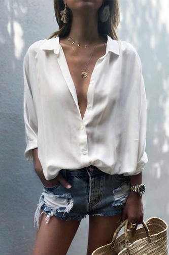 Heidi-Mode | Lässiges Einfarbiges Patchwork Umgeschlagenes Kragen Top