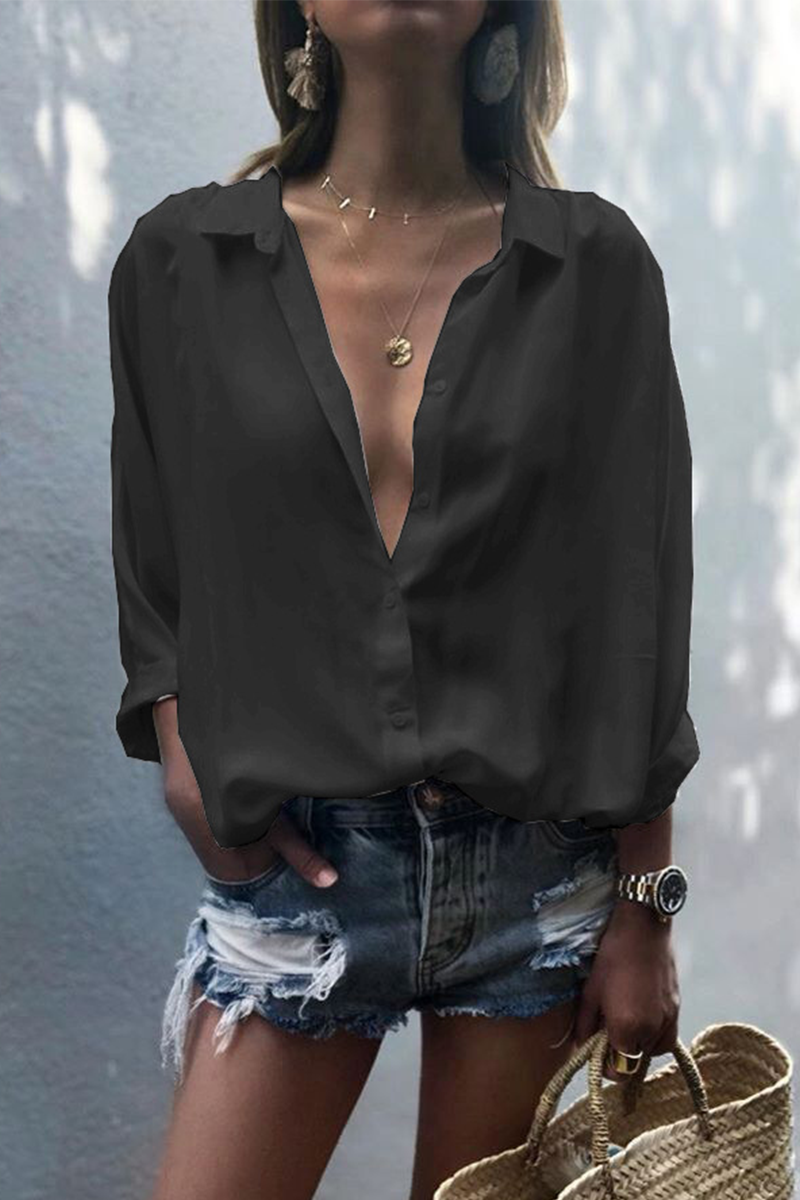 Heidi-Mode | Lässiges Einfarbiges Patchwork Umgeschlagenes Kragen Top