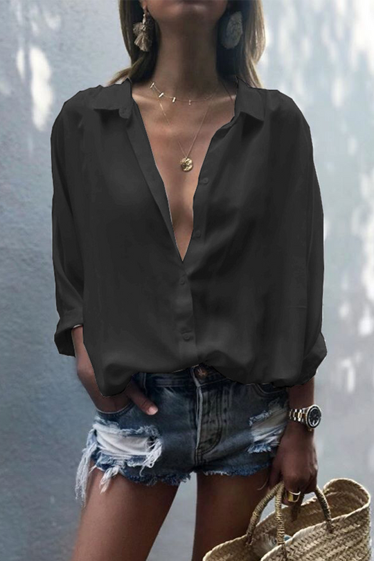 Heidi-Mode | Lässiges Einfarbiges Patchwork Umgeschlagenes Kragen Top