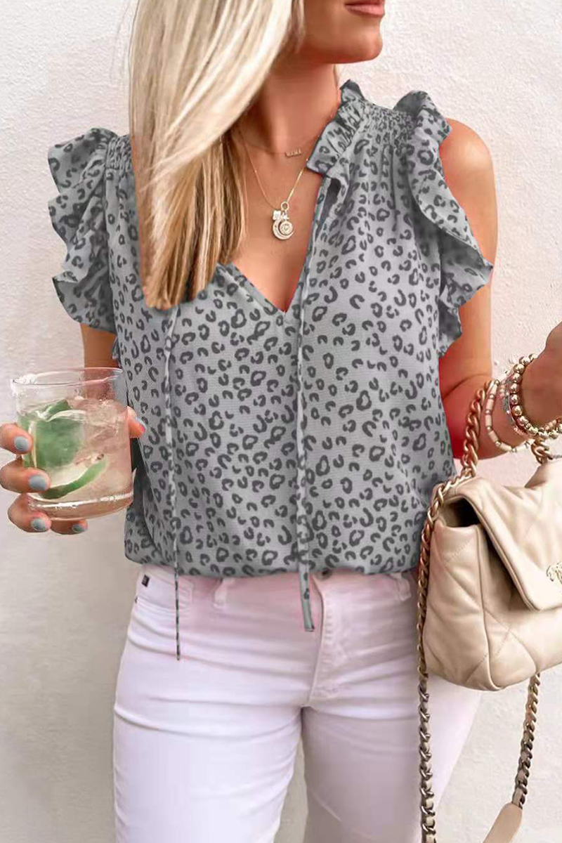 Heidi-Mode | Lässige Leoparden Flounce V-Ausschnitt T-Shirts - 3 Farben