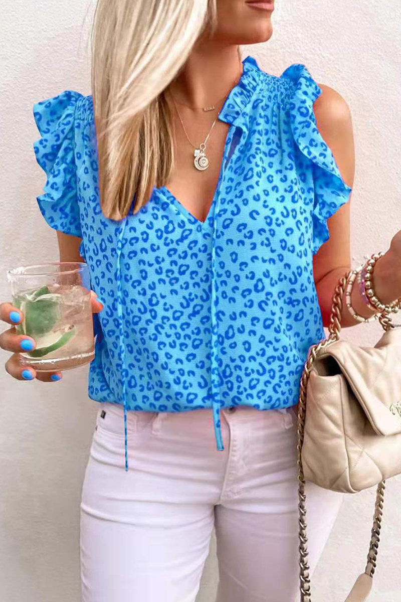 Heidi-Mode | Lässige Leoparden Flounce V-Ausschnitt T-Shirts - 3 Farben
