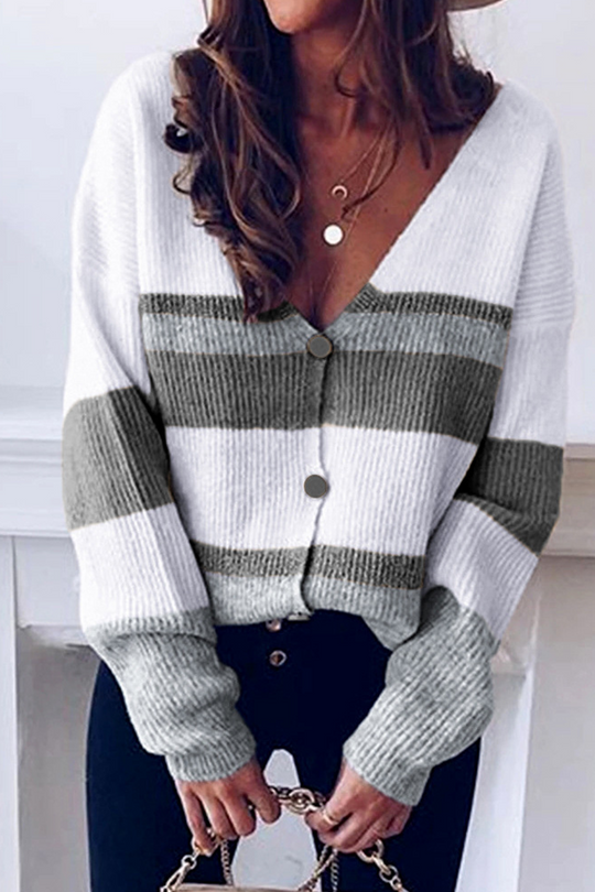 Heidi-Mode | Damen Gestreifter Tiefer V-Ausschnitt Pullover