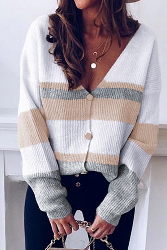 Heidi-Mode | Damen Gestreifter Tiefer V-Ausschnitt Pullover