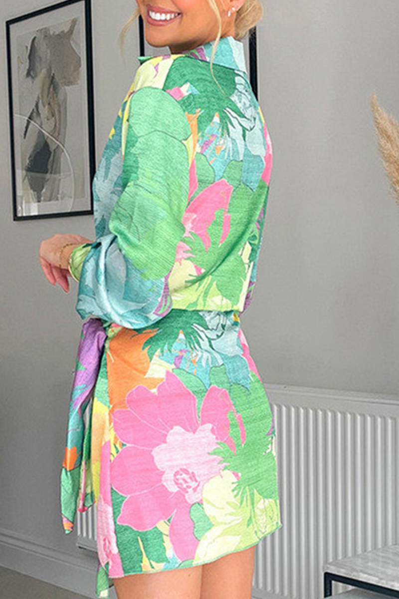 Heidi-Mode | Sommer Blumenmuster Druck Langarm Schnürr Mini Hemdkleid