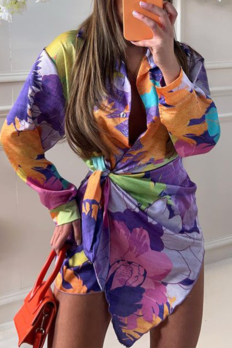 Heidi-Mode | Sommer Blumenmuster Druck Langarm Schnürr Mini Hemdkleid