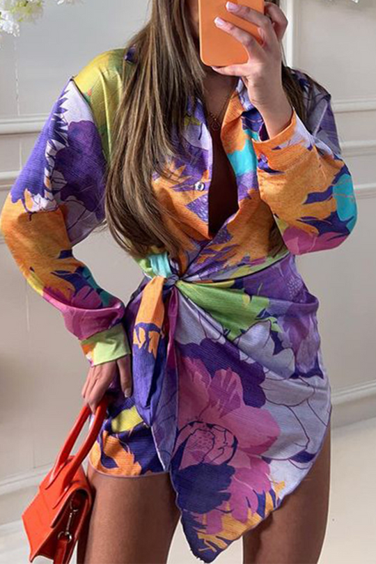 Heidi-Mode | Sommer Blumenmuster Druck Langarm Schnürr Mini Hemdkleid
