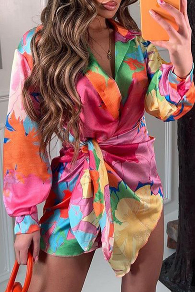 Heidi-Mode | Sommer Blumenmuster Druck Langarm Schnürr Mini Hemdkleid