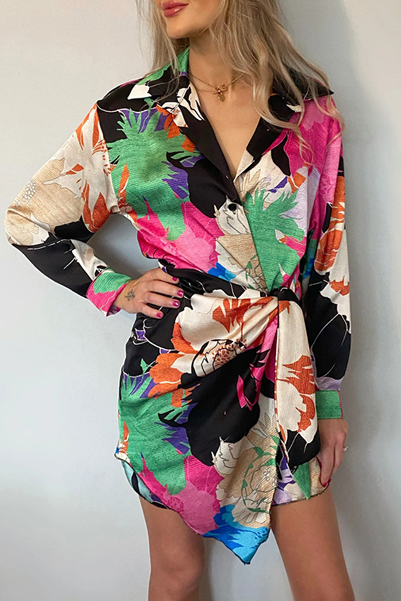 Heidi-Mode | Sommer Blumenmuster Druck Langarm Schnürr Mini Hemdkleid